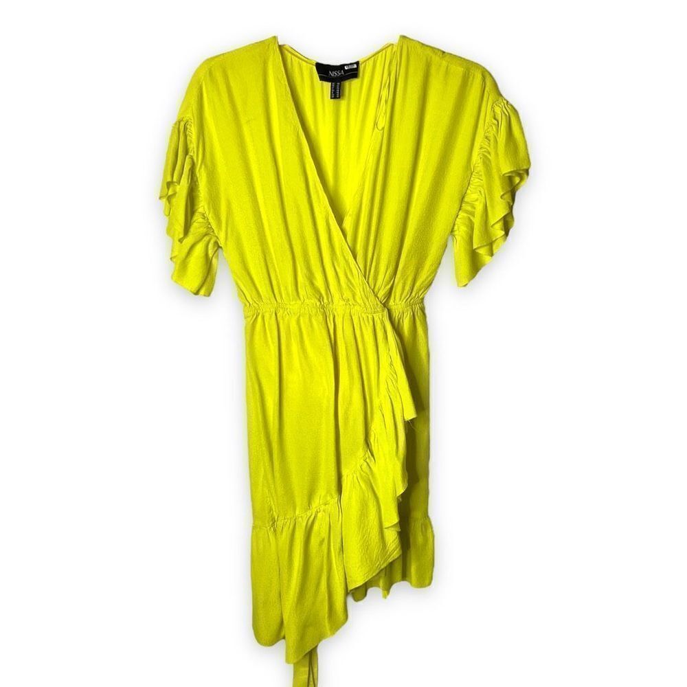 Nissa Ruffled Faux Wrap Mini Crepe Dress Short Sleeve Neon Yellow Size 10 - Picture 5 of 11
